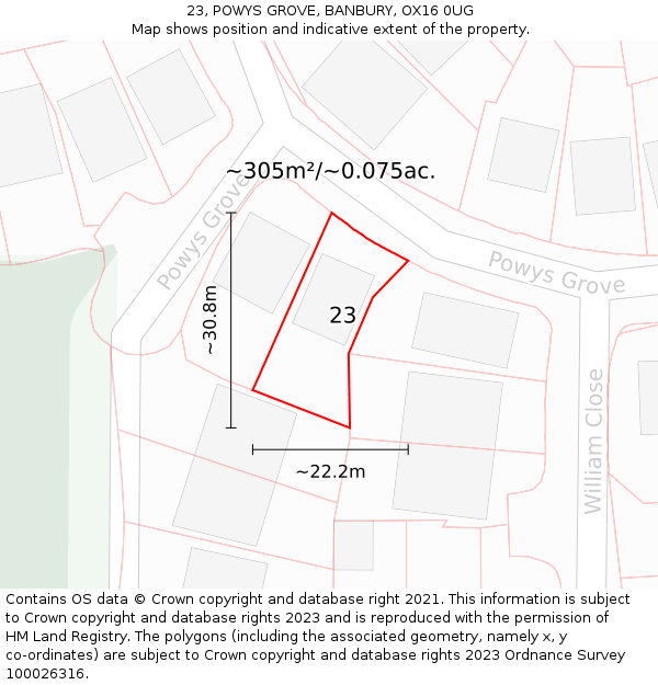 23, POWYS GROVE, BANBURY, OX16 0UG: Plot and title map