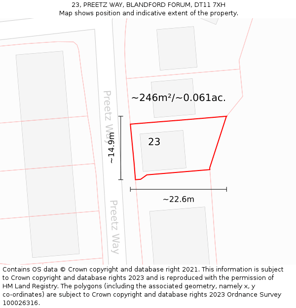 23, PREETZ WAY, BLANDFORD FORUM, DT11 7XH: Plot and title map