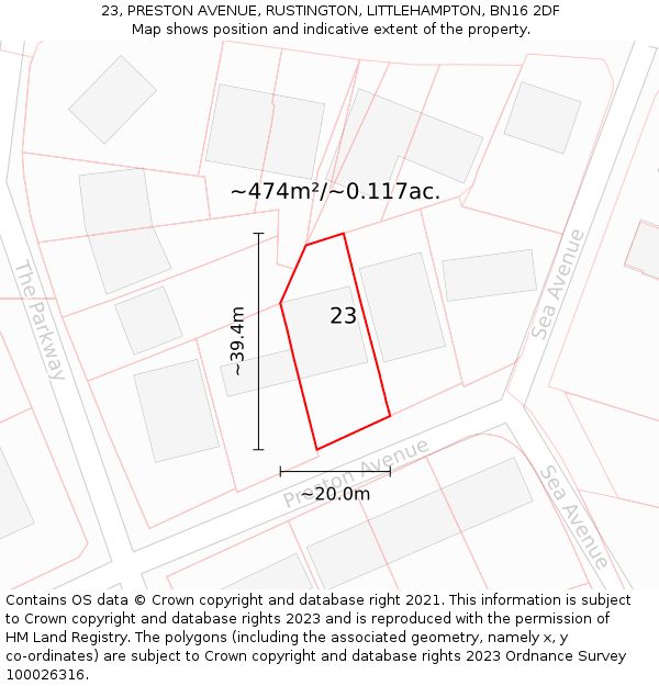 23, PRESTON AVENUE, RUSTINGTON, LITTLEHAMPTON, BN16 2DF: Plot and title map