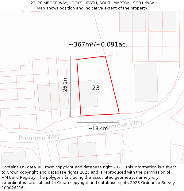 23, PRIMROSE WAY, LOCKS HEATH, SOUTHAMPTON, SO31 6WW: Plot and title map