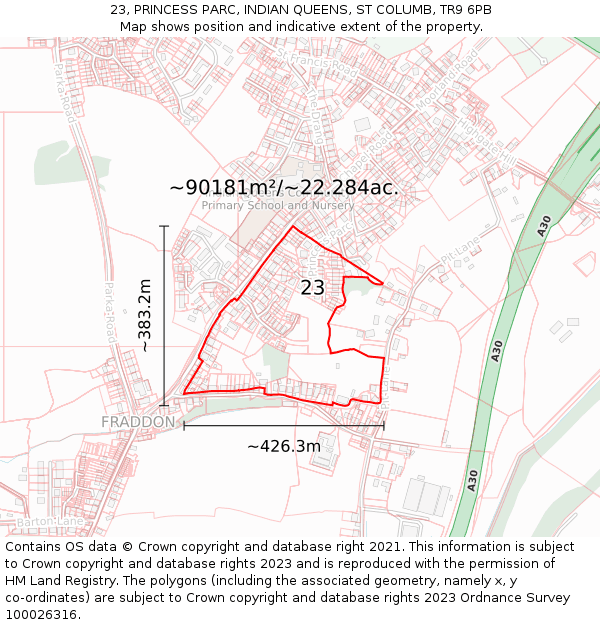 23, PRINCESS PARC, INDIAN QUEENS, ST COLUMB, TR9 6PB: Plot and title map