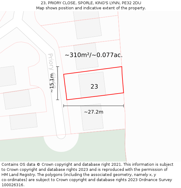 23, PRIORY CLOSE, SPORLE, KING'S LYNN, PE32 2DU: Plot and title map