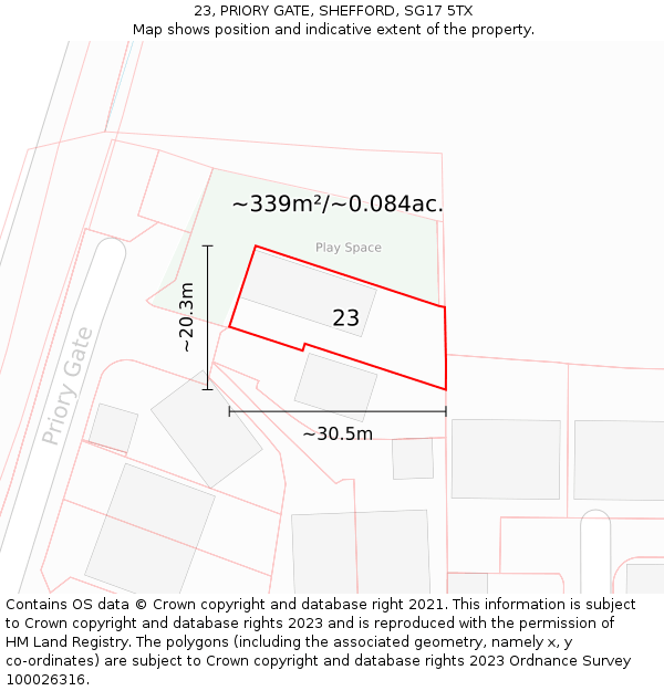 23, PRIORY GATE, SHEFFORD, SG17 5TX: Plot and title map