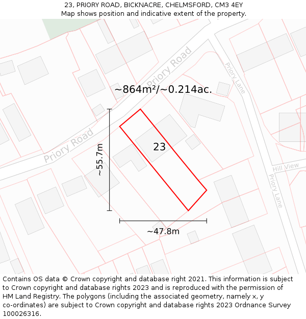 23, PRIORY ROAD, BICKNACRE, CHELMSFORD, CM3 4EY: Plot and title map