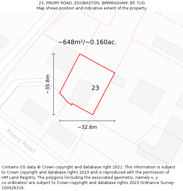 23, PRIORY ROAD, EDGBASTON, BIRMINGHAM, B5 7UG: Plot and title map