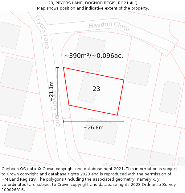 23, PRYORS LANE, BOGNOR REGIS, PO21 4LQ: Plot and title map