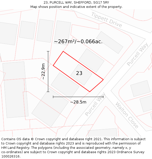 23, PURCELL WAY, SHEFFORD, SG17 5RY: Plot and title map