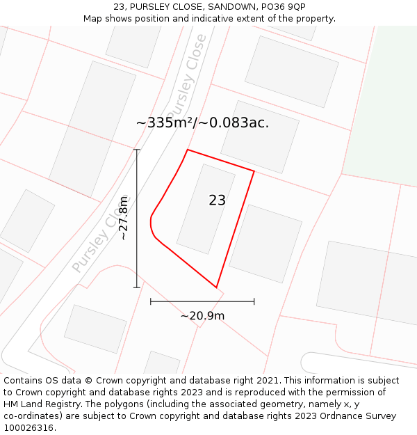 23, PURSLEY CLOSE, SANDOWN, PO36 9QP: Plot and title map