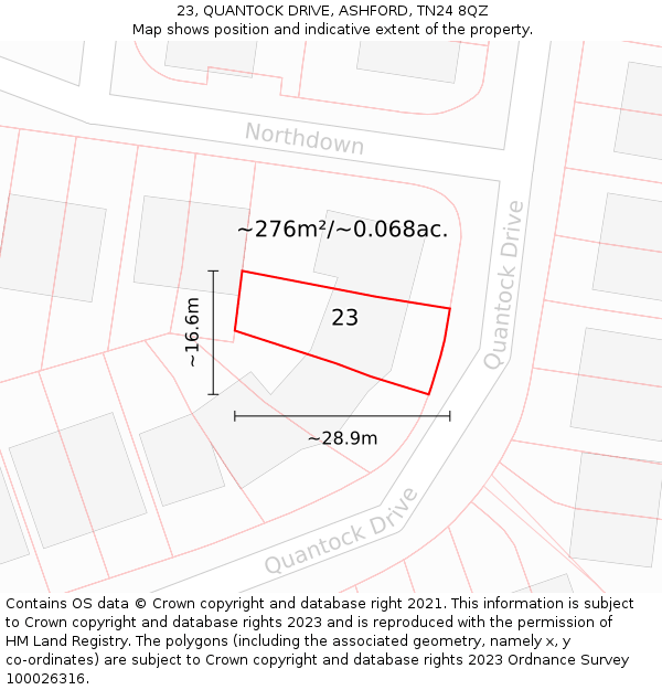 23, QUANTOCK DRIVE, ASHFORD, TN24 8QZ: Plot and title map