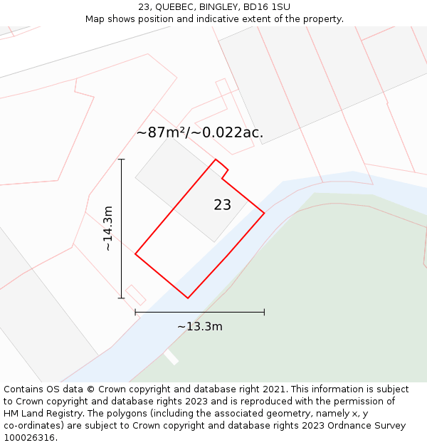 23, QUEBEC, BINGLEY, BD16 1SU: Plot and title map