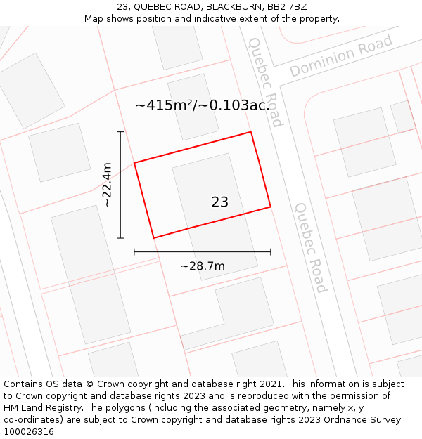 23, QUEBEC ROAD, BLACKBURN, BB2 7BZ: Plot and title map