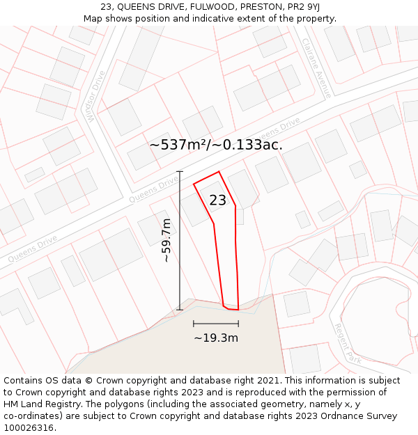 23, QUEENS DRIVE, FULWOOD, PRESTON, PR2 9YJ: Plot and title map