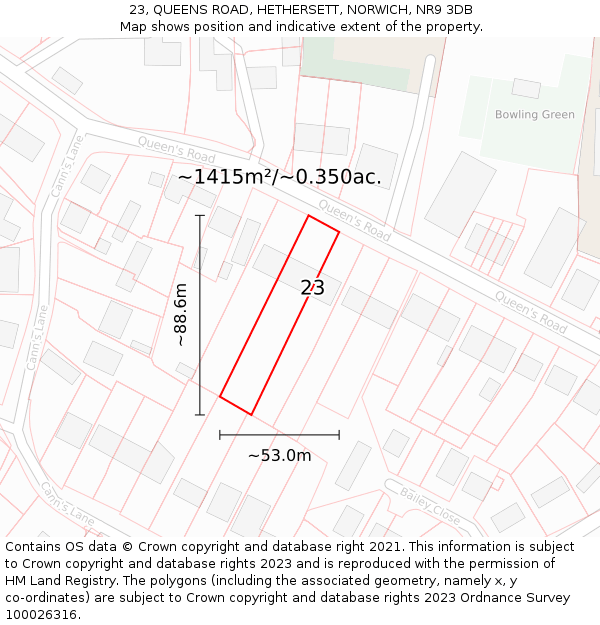 23, QUEENS ROAD, HETHERSETT, NORWICH, NR9 3DB: Plot and title map