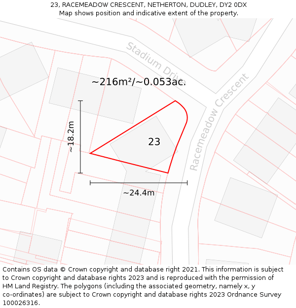 23, RACEMEADOW CRESCENT, NETHERTON, DUDLEY, DY2 0DX: Plot and title map