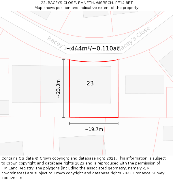 23, RACEYS CLOSE, EMNETH, WISBECH, PE14 8BT: Plot and title map