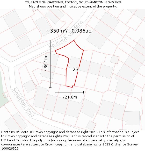 23, RADLEIGH GARDENS, TOTTON, SOUTHAMPTON, SO40 8XS: Plot and title map