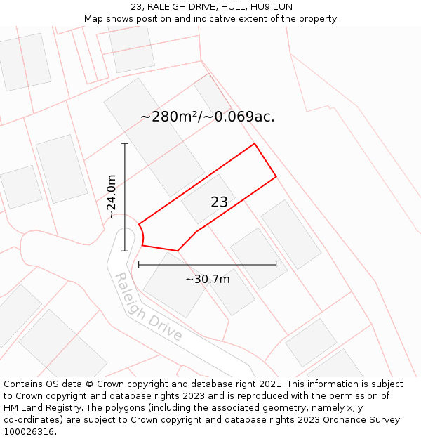 23, RALEIGH DRIVE, HULL, HU9 1UN: Plot and title map