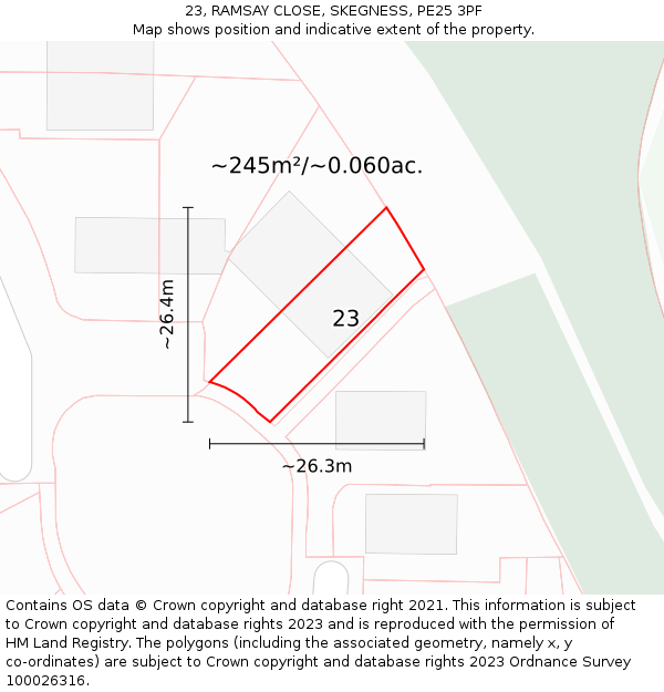 23, RAMSAY CLOSE, SKEGNESS, PE25 3PF: Plot and title map
