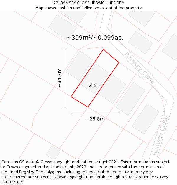 23, RAMSEY CLOSE, IPSWICH, IP2 9EA: Plot and title map