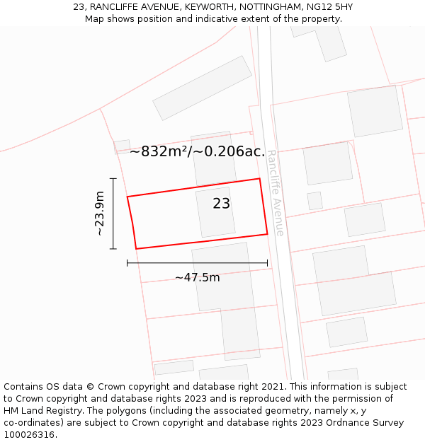 23, RANCLIFFE AVENUE, KEYWORTH, NOTTINGHAM, NG12 5HY: Plot and title map