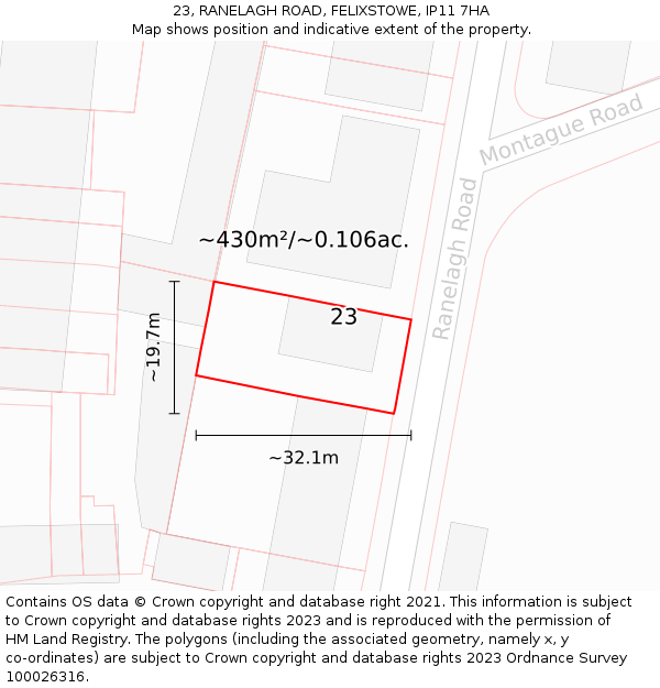23, RANELAGH ROAD, FELIXSTOWE, IP11 7HA: Plot and title map