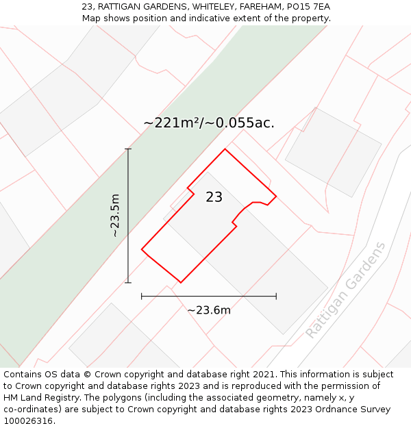 23, RATTIGAN GARDENS, WHITELEY, FAREHAM, PO15 7EA: Plot and title map