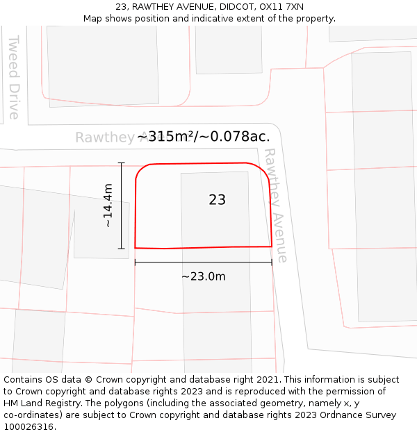 23, RAWTHEY AVENUE, DIDCOT, OX11 7XN: Plot and title map