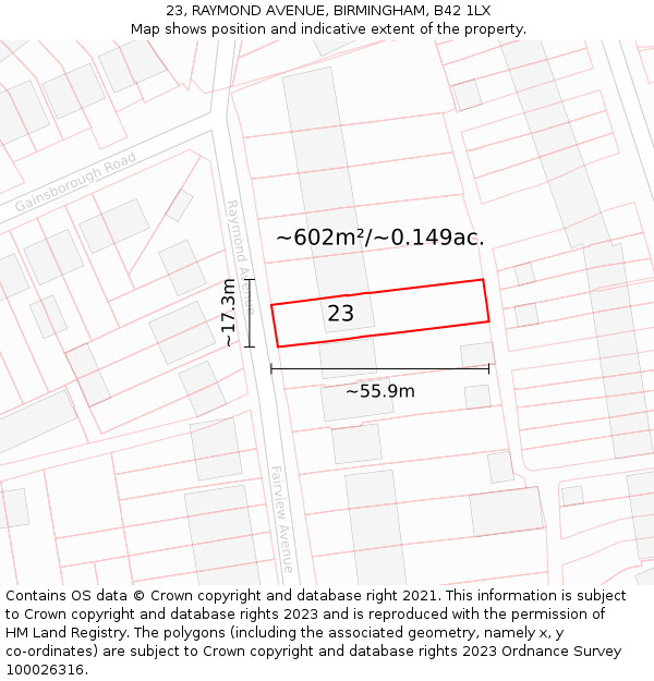 23, RAYMOND AVENUE, BIRMINGHAM, B42 1LX: Plot and title map