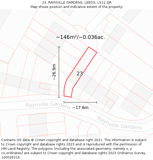 23, RAYNVILLE GARDENS, LEEDS, LS12 2JR: Plot and title map