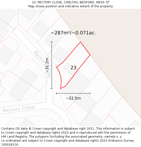 23, RECTORY CLOSE, CARLTON, BEDFORD, MK43 7JT: Plot and title map