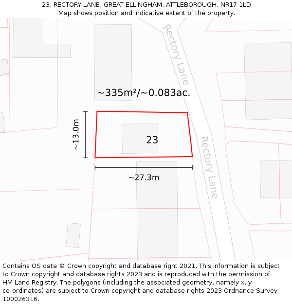 23, RECTORY LANE, GREAT ELLINGHAM, ATTLEBOROUGH, NR17 1LD: Plot and title map