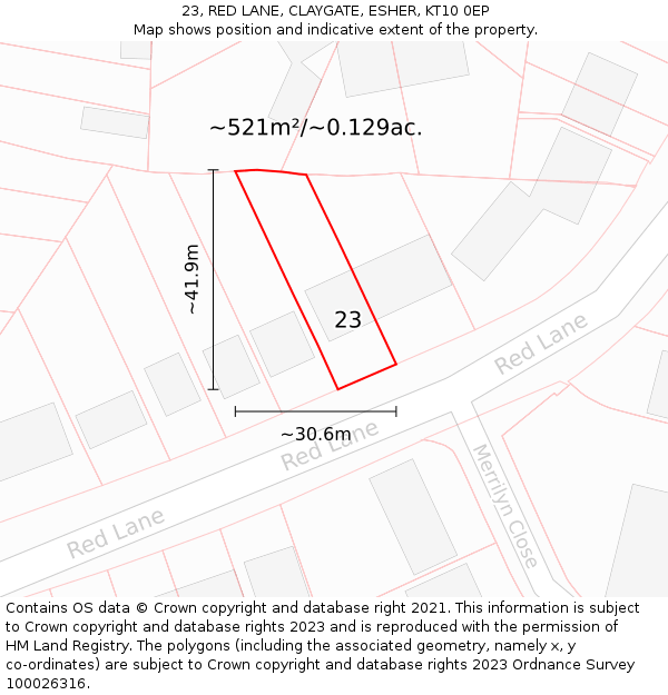 23, RED LANE, CLAYGATE, ESHER, KT10 0EP: Plot and title map