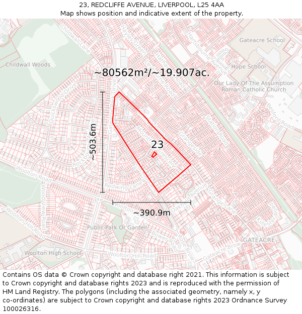 23, REDCLIFFE AVENUE, LIVERPOOL, L25 4AA: Plot and title map