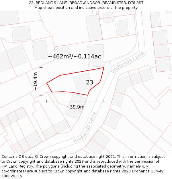 23, REDLANDS LANE, BROADWINDSOR, BEAMINSTER, DT8 3ST: Plot and title map