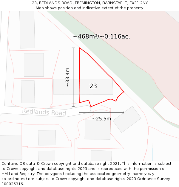 23, REDLANDS ROAD, FREMINGTON, BARNSTAPLE, EX31 2NY: Plot and title map