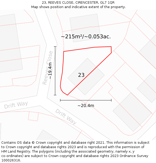 23, REEVES CLOSE, CIRENCESTER, GL7 1QR: Plot and title map