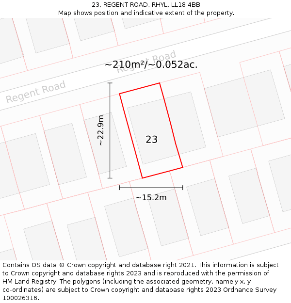 23, REGENT ROAD, RHYL, LL18 4BB: Plot and title map