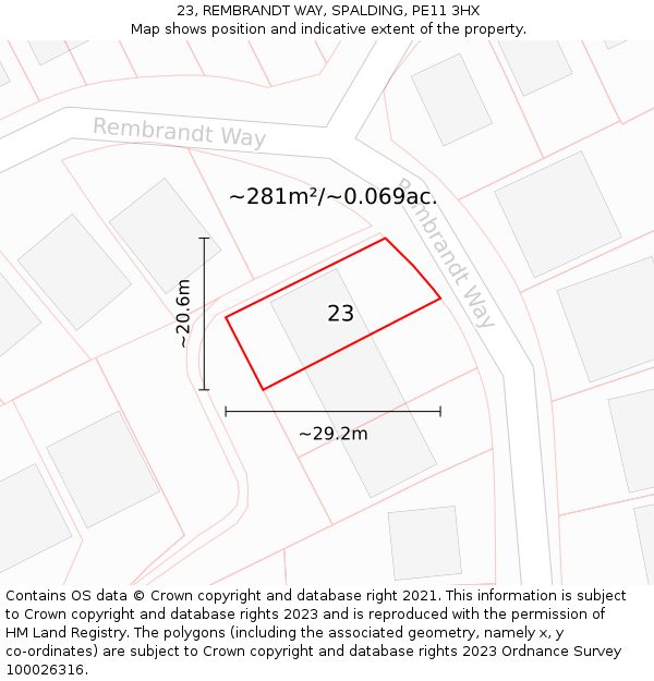 23, REMBRANDT WAY, SPALDING, PE11 3HX: Plot and title map