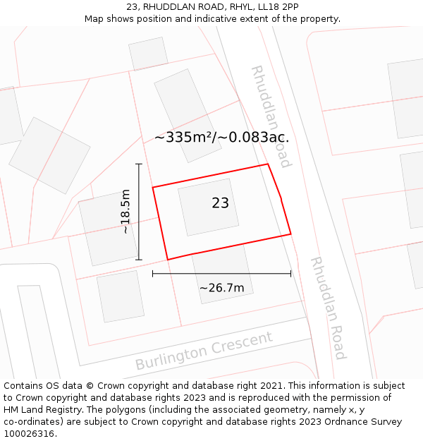 23, RHUDDLAN ROAD, RHYL, LL18 2PP: Plot and title map