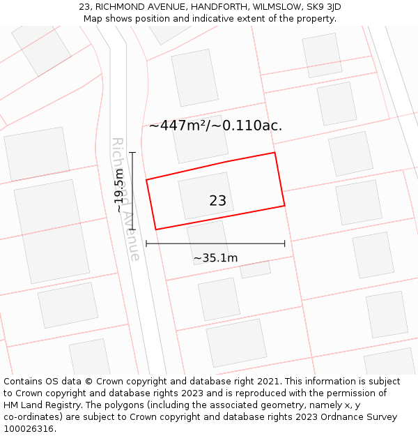 23, RICHMOND AVENUE, HANDFORTH, WILMSLOW, SK9 3JD: Plot and title map