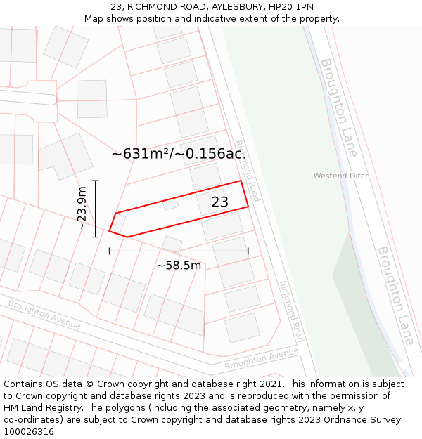 23, RICHMOND ROAD, AYLESBURY, HP20 1PN: Plot and title map