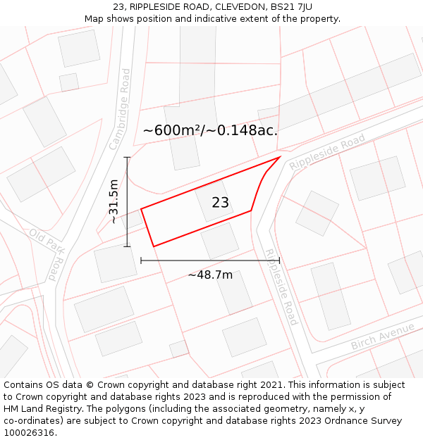 23, RIPPLESIDE ROAD, CLEVEDON, BS21 7JU: Plot and title map