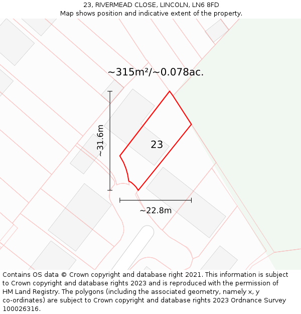 23, RIVERMEAD CLOSE, LINCOLN, LN6 8FD: Plot and title map
