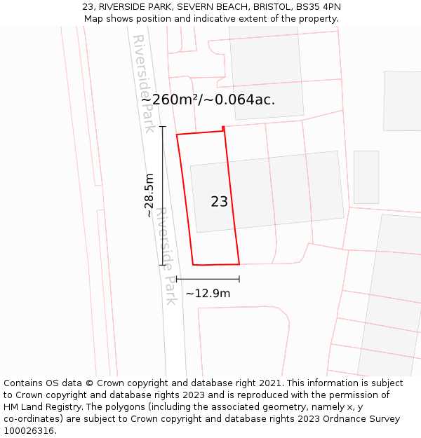 23, RIVERSIDE PARK, SEVERN BEACH, BRISTOL, BS35 4PN: Plot and title map