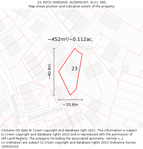 23, ROCK GARDENS, ALDERSHOT, GU11 3AD: Plot and title map