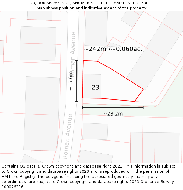 23, ROMAN AVENUE, ANGMERING, LITTLEHAMPTON, BN16 4GH: Plot and title map