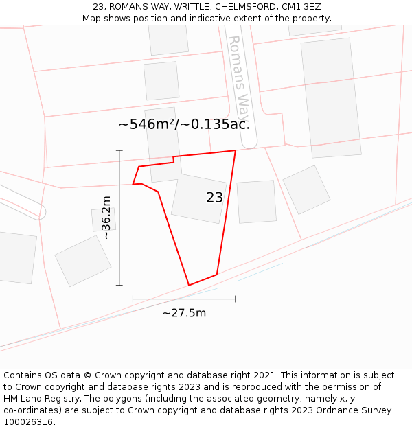 23, ROMANS WAY, WRITTLE, CHELMSFORD, CM1 3EZ: Plot and title map