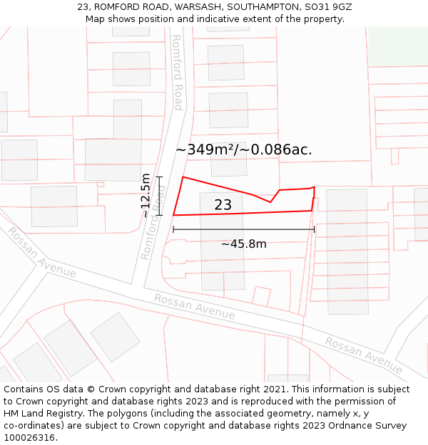 23, ROMFORD ROAD, WARSASH, SOUTHAMPTON, SO31 9GZ: Plot and title map