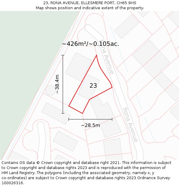 23, RONA AVENUE, ELLESMERE PORT, CH65 9HS: Plot and title map