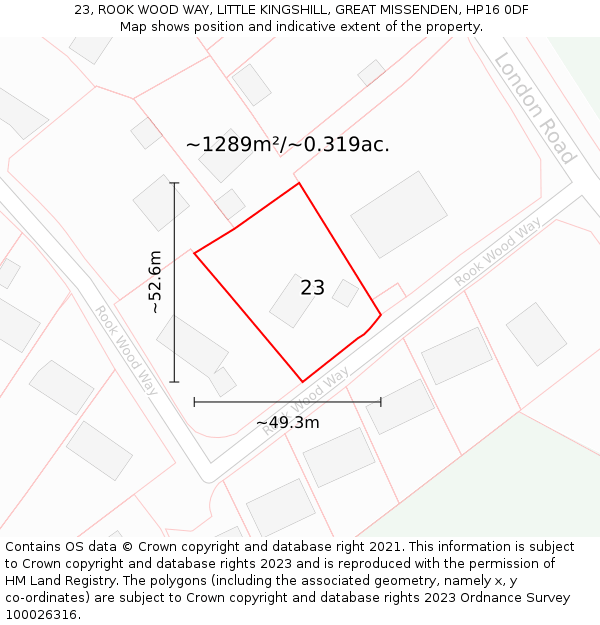 23, ROOK WOOD WAY, LITTLE KINGSHILL, GREAT MISSENDEN, HP16 0DF: Plot and title map